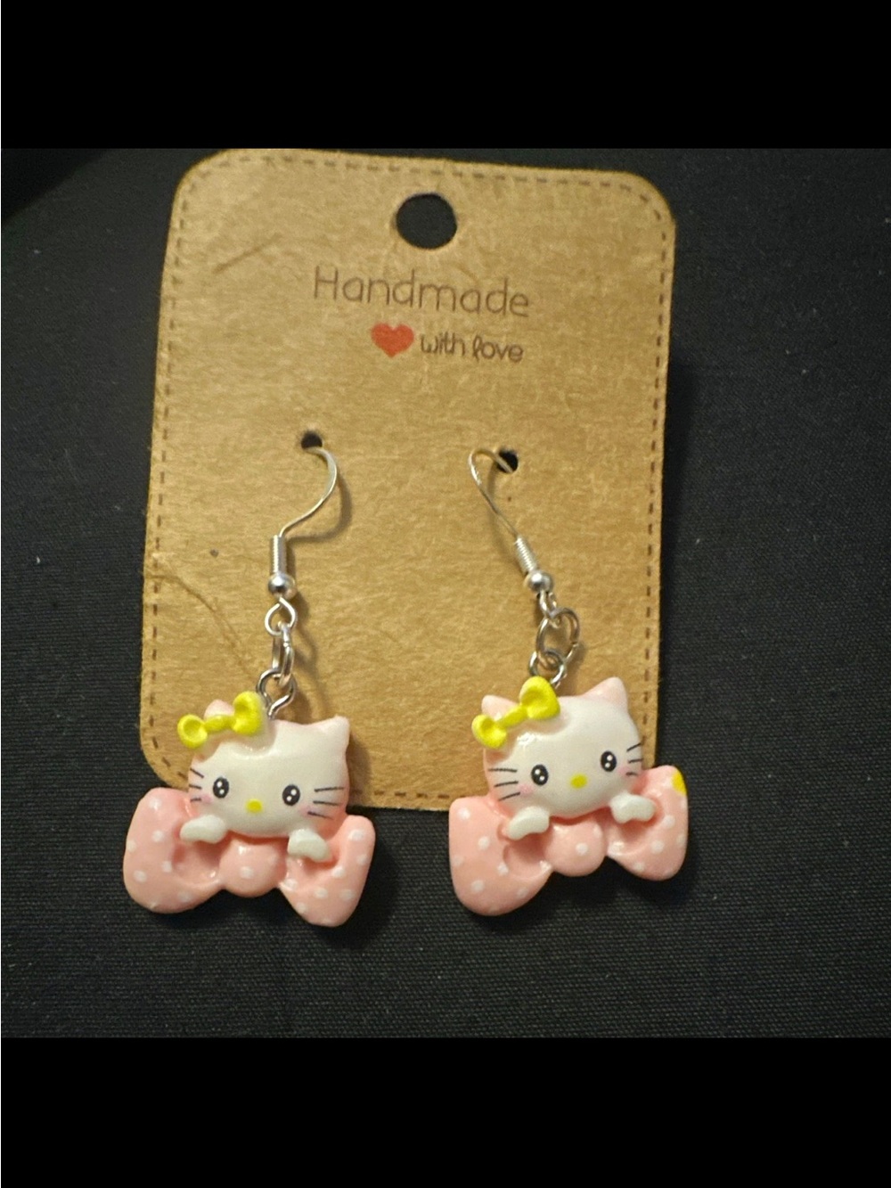 Pink Kitty Bow Dangle Earrings with Yellow Accents